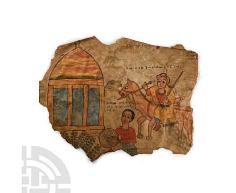 Circa 1650 A.D.. Irregular rectangular fragment from a manuscript with Coptic text; painted images including an arcaded domed