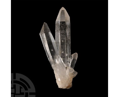 Displaying two large, almost colourless prismatic crystals with some smaller crystals; bought from Gregory, Bottley &amp; Llo