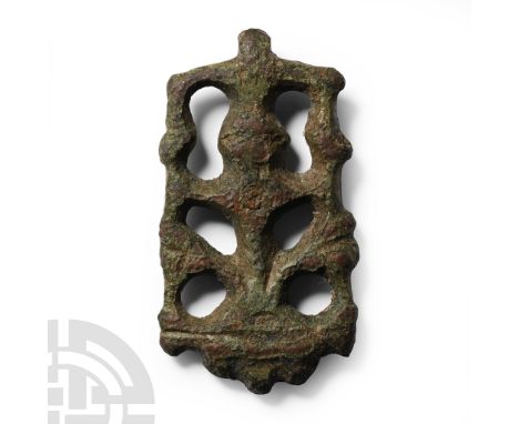 10th-11th century A.D.. Rectangular in plan, openwork Winchester Style design of acanthus leaves, knop finial. Cf. Thomas, G.