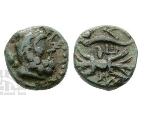 Circa 200-1 BC.. Laureate head of Herakles to right, club over shoulder / Thunderbolt; bow to right, ?-?-? across fields. SNG
