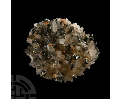 Featuring small tetrahedrite and chalcopyrite crystals on a bed of small quartz crystals, collection number 441, with an old 