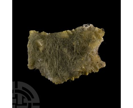 Consisting of a fine hair-like crystals radiating from a thin barite/dolomite matrix, zaratite and marcasite also present, co