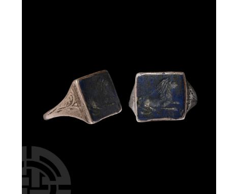 Circa 18th century A.D.. With flared shoulders and square bezel; reserved foliage detailing on a nielloed field; inset lapis 
