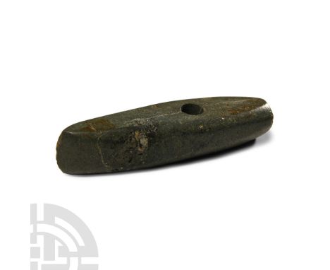 Early Bronze Age, circa 3000 B.C.. Finely polished long axehead with narrow edge and hammer face to rear.  288 grams, 13.6 cm