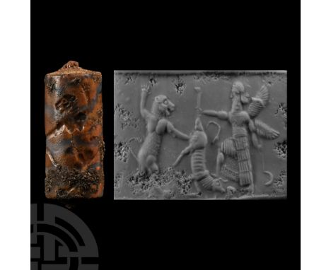 7th-6th century B.C.. Frieze with contest scene, winged divinity in profile grasping the hindleg of a bull while lion raises 