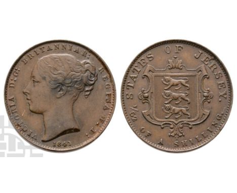 Dated 1841.. VICTORIA D: G: BRITANNIAR: REGINA F: D:, young head to left; 1841(1 above 0) below / STATES OF JERSEY. 1/52 OF A