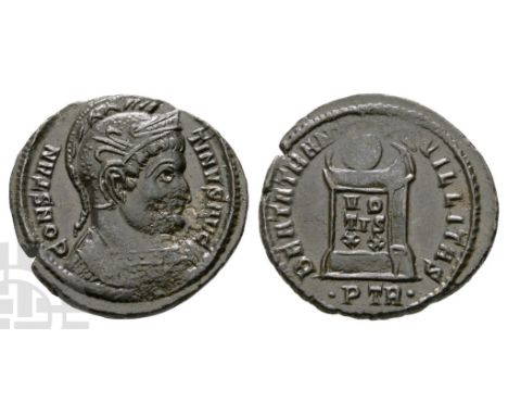 AD 307/310-337.. CONSTAN-TINVS AVG, helmeted and cuirassed bust to right / BEATA TRAN-QVILLITAS, globe on altar inscribed VO-