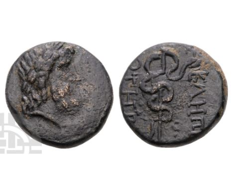 Circa 133-27 BC.. Laureate head of Asklepios to right / [A?]K?H?I[OY ?]?TH?[O?], serpent-entwined staff of Asklepios. SNG Cop