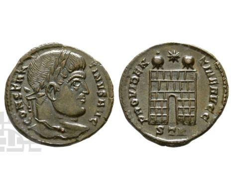 AD 307/310-337.. CONSTANTINVS AVG, laureate head to right / PROVIDENTIAE AVGG, camp gate with six rows, two turrets, no doors