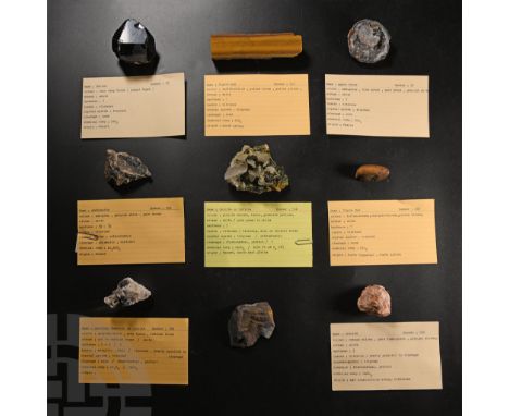 Comprising: cut section of tiger's eye from South Africa, collection number 111; calcite of duftite from Tsumeb, South West A