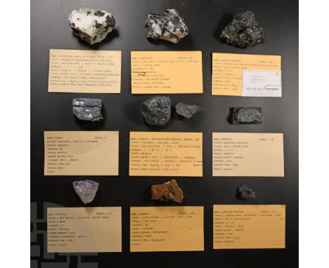 Comprising: fluorite from Brazil, collection number 116; bornite and quartz on fuchsite from Messini Mine, North Transvaal, S