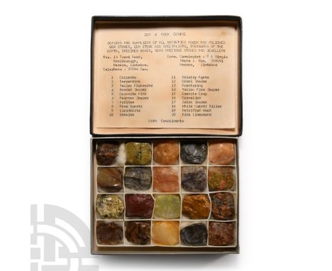Supplied in the original box with typed label, comprising: calcrete, serpentine, yellow fluorspar, banded jasper, pink dolomi