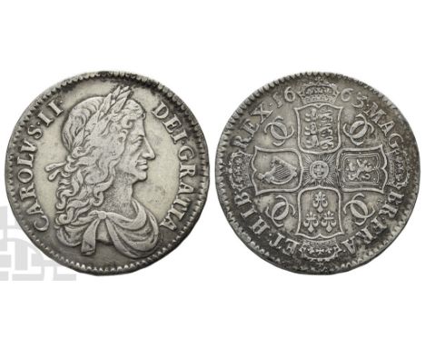 1660-1685.. CAROLVS (V over S) • II • DEI • GRATIA, laureate and draped bust to right / MAG• BR • FRA • ET • HIB• REX •, crow