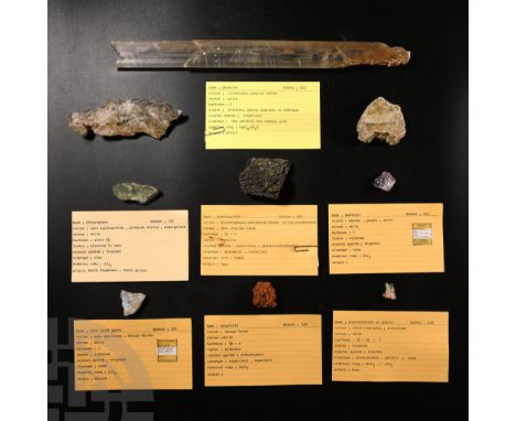 Comprising: selenite wand from Mexico, collection number 622; calcite, collection number 592; blue laced agate from Mexico, c