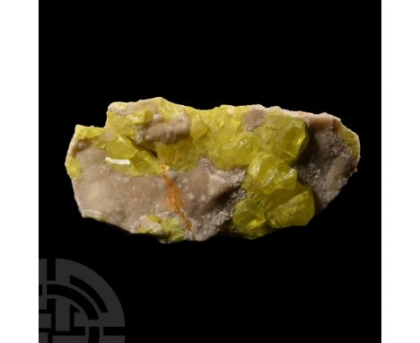 Large specimen with lemon-yellow crystals, collection number 516; repaired.  778 grams, 15.5 cm (6 1/8 in.). Acquired on the 
