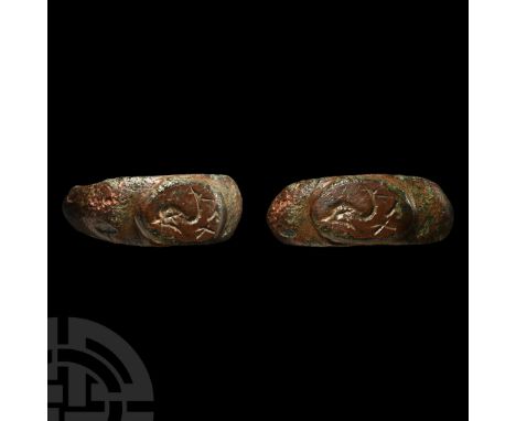 2nd-3rd century A.D.. With broad shoulders and ellipsoid bezel, intaglio dolphin and 'XA' enigmatic inscription. Cf. Ruseva-S