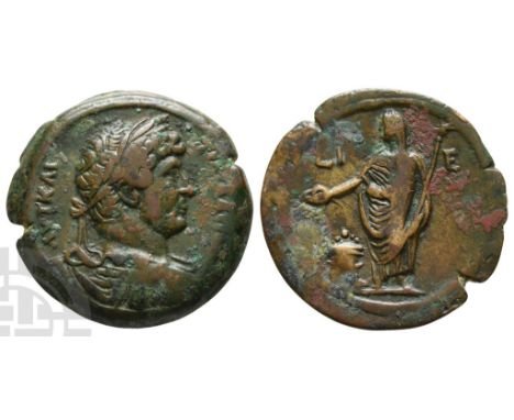 AD 117-138.. AVT KAI TPAI A?PIA C?B, laureate, draped and cuirassed bust to right, seen from rear / Emperor standing facing, 