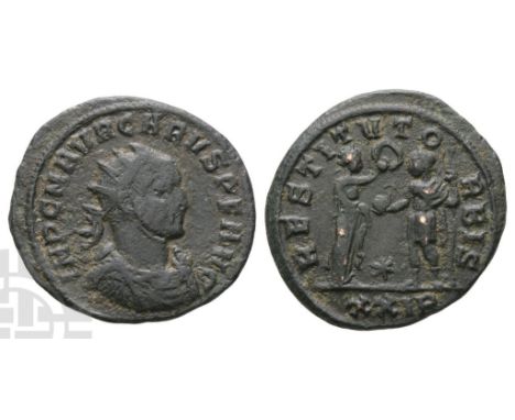 AD 282-283.. IMP C M AVR CARVS P F AVG, radiate, draped and cuirassed bust to right, seen from front / RESTITVT ORBIS, female