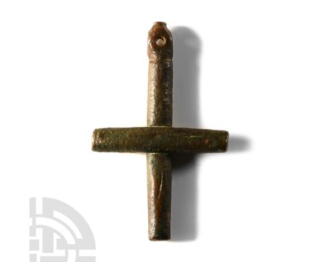 6th-7th century A.D.. With pierced polyhedral upper and knop above, body formed as two intersecting fusiform bars with recess