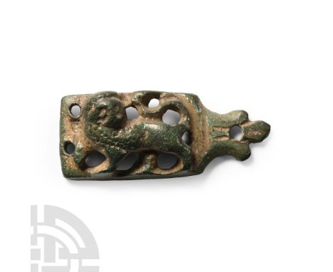 12th-13th century A.D.. With an openwork rectangular plaque and trefoil finial, raised lion stattant regardant to the plaque.