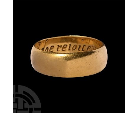17th century A.D.. Barrel-shaped hoop with legend to the inner face in italic script ''In thee my choice I doe rejoice' and m