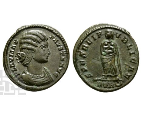 AD 324-326.. FLAV MAX FAVSTA AVG, mantled bust to right / SPES REIPVBLICAE, Spes standing facing, head to left, holding two i
