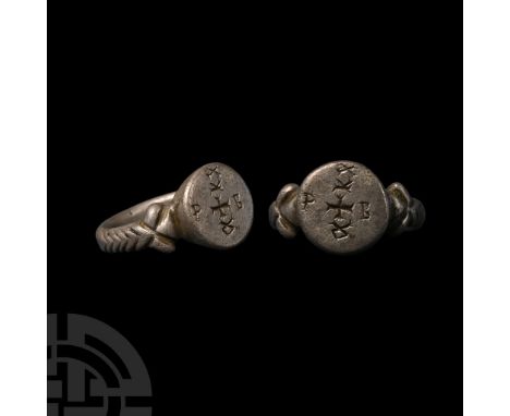 6th century A.D.. The shank with herringbone markings in imitation of braiding, trefoil shoulders, drum-shaped bezel with inc