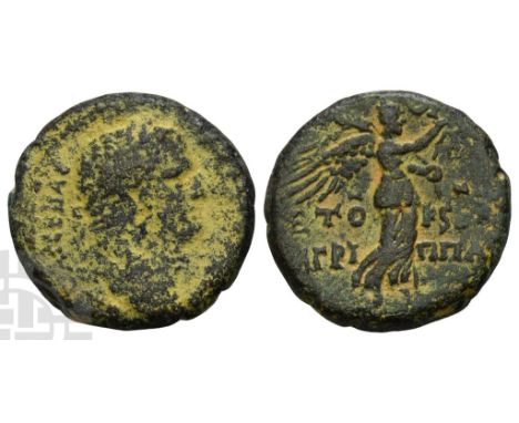 Circa 50-100 CE.. [AYTOKP TITOC KAI]CAP CEBAC, laureate head to right / ETO K? (date) BA A?P?-??A, Nike advancing to right, h
