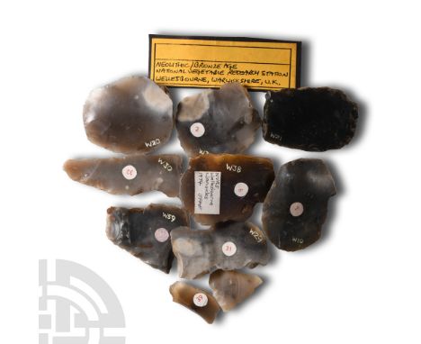 Neolithic Period, circa 6,000 years B.P.. Group of finely worked flint tools with adhesive labels and inked collection number