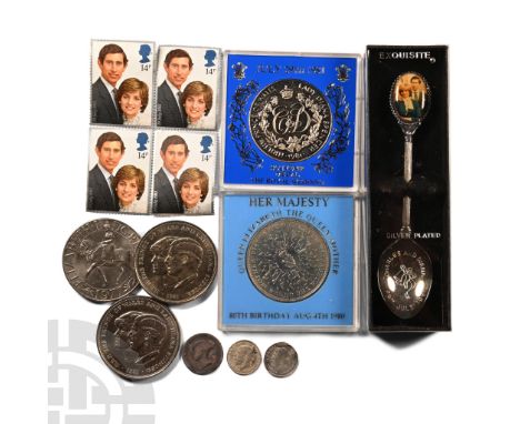 Dated 1844-1981 A.D.. Mixed group comprising: four commemorative crowns, silver plated spoon and stamps commemorating the wed