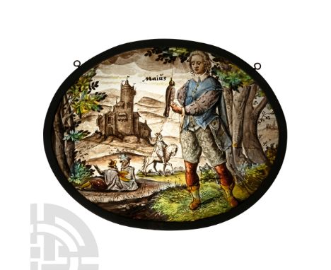 Southern Low Countries, circa 1580-1600 A.D.. Ellipsoid panel with polychrome landscape scene depicting a fowler in the foreg