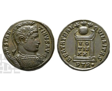 AD 307/310-337.. CONSTANTINVS AVG, helmeted and cuirassed bust to right / BEATA TRANQVILLITAS, globe set on altar inscribed V