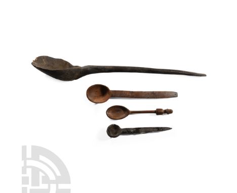 20th century A.D.. Including a carved spoon with male bust finial to the handle, large ladle with keeled bowl and other items