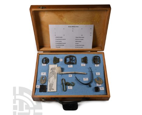 Late 17th-early 19th century A.D.. Comprising: breech and shoe, hat, belt ands stock/nap bronze buckles; clasps for pouches; 
