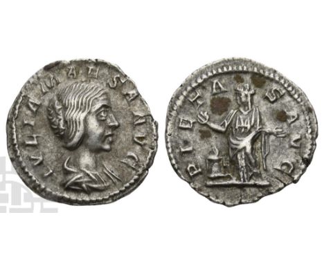 AD 218-224/5.. IVLIA MAESA AVG, draped bust to right / PIETAS AVG, Pietas standing facing, head to left, raising hands, altar