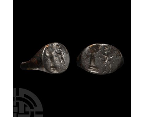 4th-2nd century B.C.. With ellipsoid bezel, incuse profile image of a satyr before a pillar (possibly a herm). Cf. Chadour, A