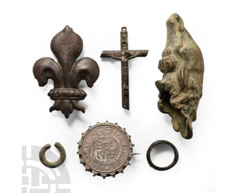 18th-19th century A.D.. Including crucifix pendant, biconvex finger ring, brooch with rotating George III coin and other item