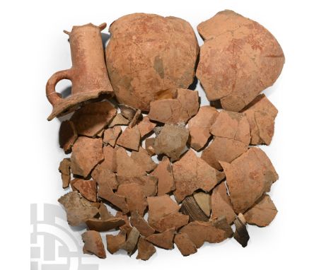 3rd-1st millennium B.C.. Including fragments of storage vessel, bowl and other items, some with handle and rim elements.  5.3