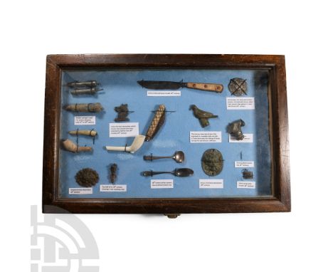 Circa 18th century A.D.. Mixed group including a silver condiment spoon, pewter syringe, folding knife, furniture plaque with