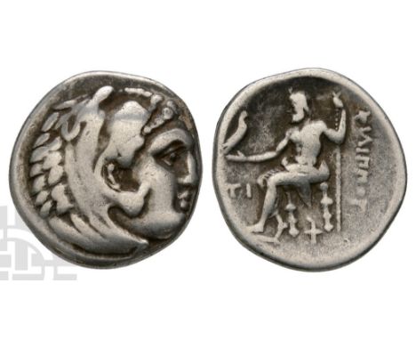 323-317 BC.. Head of Herakles to right, wearing lion skin headdress, paws tied beneath chin / ????????, Zeus seated to left o