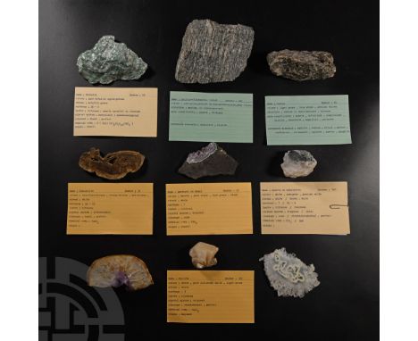 Comprising: a cut slice of amethyst on basalt from Brazil, collection number 95; gneiss from Scotland, collection number 81; 