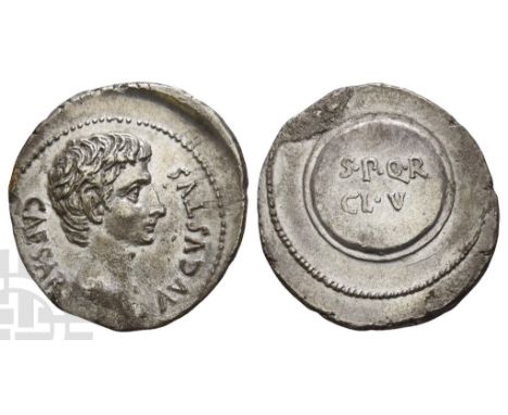 27 BC-AD 14.. CAESAR AVGVSTVS, bare head to right / S•P•Q•R CL•V in two lines on round shield (clipeus virtutis). RIC I 42a; 