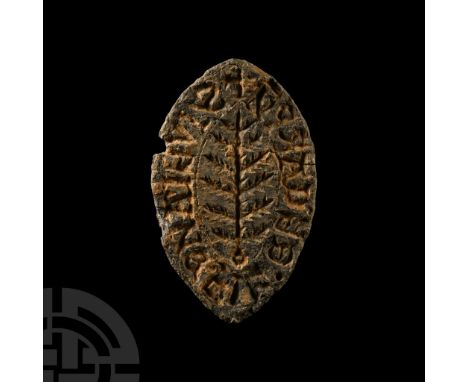 13th century A.D.. Vesica-shaped with central frond motif, legend to the border 'S’ IVLIANE FIL ELYARPN' for 'seal of Julian(