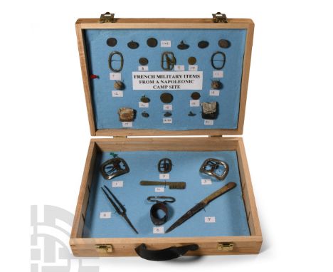 Early 19th century A.D.. Including musketballs, military buckles and frames, musket flints, buttons, a single-edged knife and