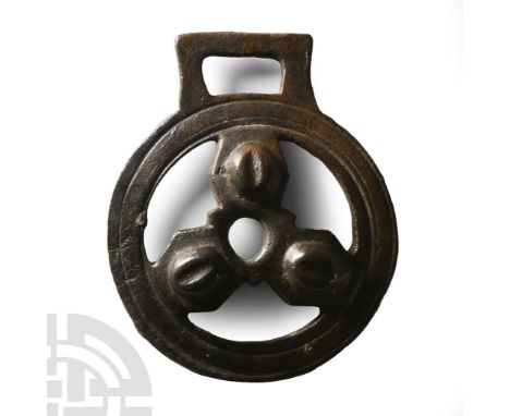 1st-4th century A.D.. Comprising a substantial ring with incised borders surrounding three radiating hexagonal plates support