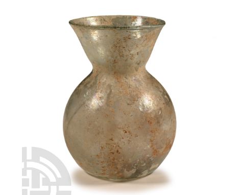 3rd-4th century A.D.. With dimple base, globular body, pinched neck and flared mouth with thickened rim; some iridescence to 