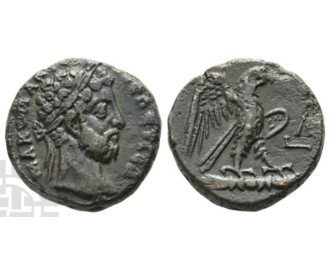 AD 177-192.. M A KOM ANT? C?B ?YC?B, laureate head to right / Eagle with spread wings standing to right on thunderbolt; L ? (