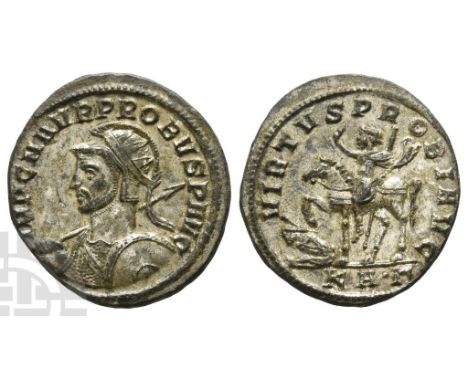 AD 276-282.. IMP C M AVR PROBVS P AVG, radiate, helmeted and cuirassed bust to left, holding spear and shield / VIRTVS PROBI 