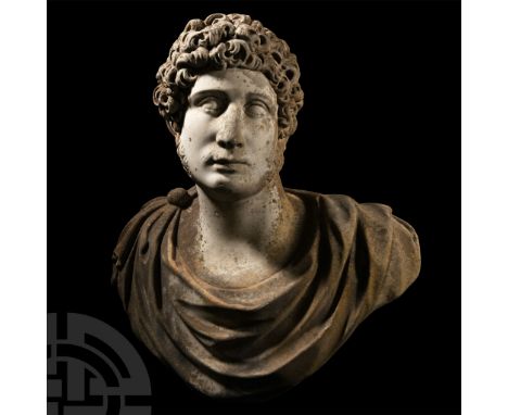 19th century A.D.. Tastefully carved bust of a youthful male with abundant curly hair, broad brow and high cheekbones, mutton