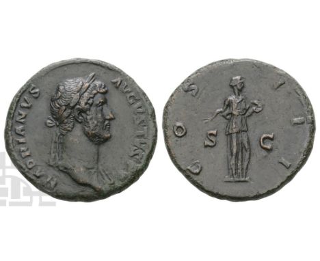 AD 117-138.. HADRIANVS AVGVSTVS, laureate head to right, traces of drapery on far shoulder / COS III, Salus standing to right
